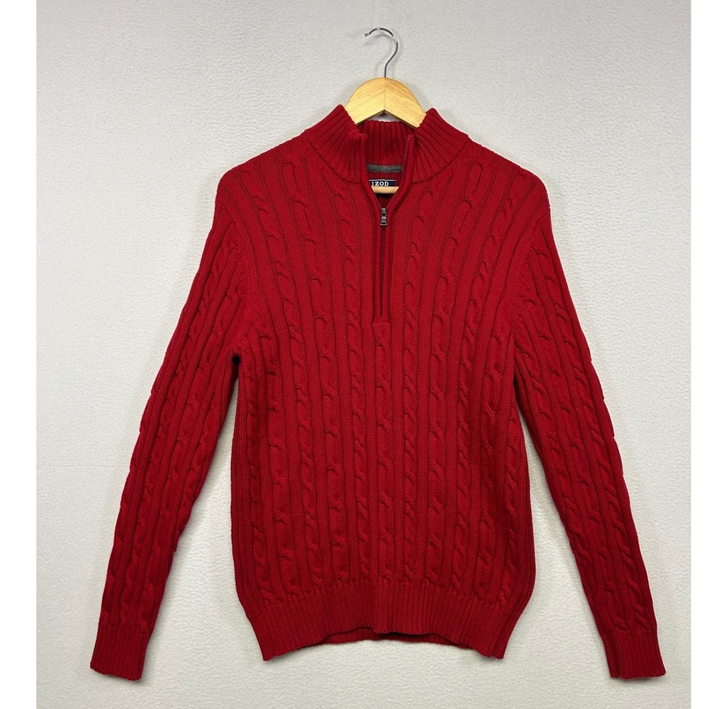 Classic Preppy IZOD Mens Size M Red Cable Knit Quarter Zip Sweater
